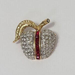 Vintage BUTLER Deco Silver Gold Tone Rhinestone Apple Brooch Pin Teacher Gift